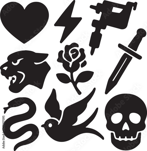 Tattoo Icon Set – Skull, Heart Flame, Dagger, Rose, Tattoo Machine, Butterfly, Diamond – Minimalist Black Silhouettes for Edgy Ink Designs and Subculture-Inspired Graphics