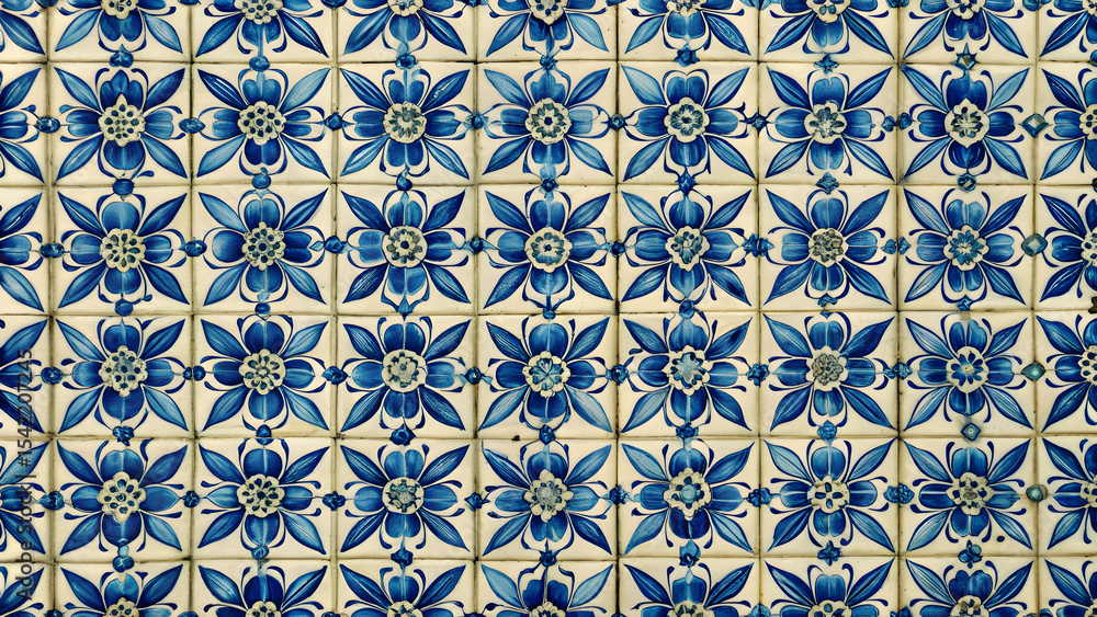 Blue tulip geometric tile pattern on soft cream surface Blue tulip geometric tile pattern on soft cream surface