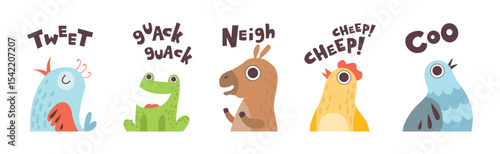 Cute Animals Making Noisy Sounds and Uttering Vector Set