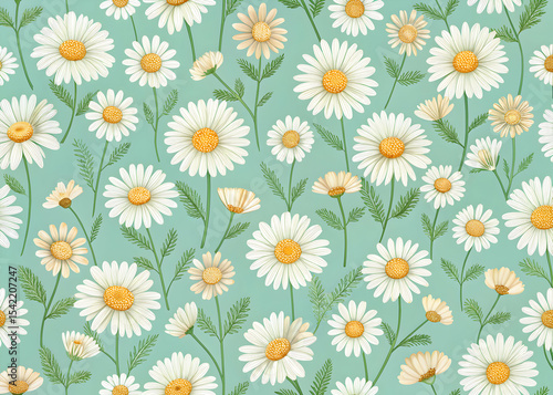 Elegant daisy floral repeat pattern on pastel mint background