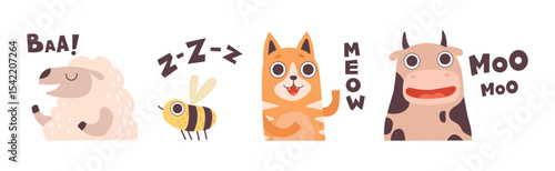 Cute Animals Making Noisy Sounds and Uttering Vector Set