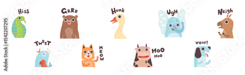 Cute Animals Making Noisy Sounds and Uttering Vector Set