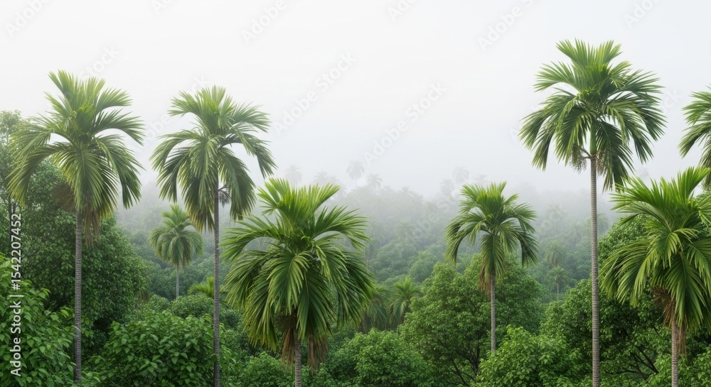 Naklejka premium Lush Green Palm Trees Under Foggy Sky