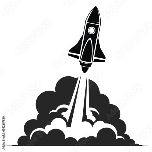 Black silhouette of rocket launching with smoke on white background

