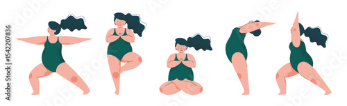 Plus Size Woman Doing Yoga Standing in Asana Vector Set