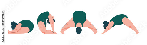 Plus Size Woman Doing Yoga Standing in Asana Vector Set
