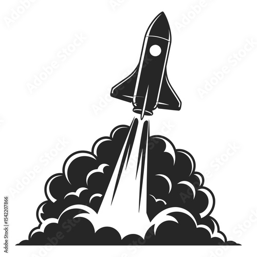 Black silhouette of rocket launching with smoke on white background

