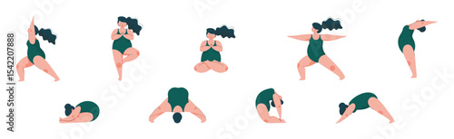 Plus Size Woman Doing Yoga Standing in Asana Vector Set