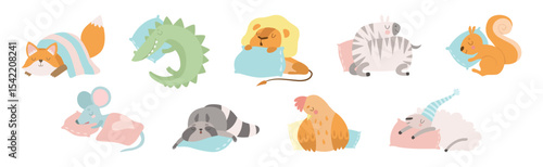Cute Sleeping Animal Character on Soft Pillow Vector Set