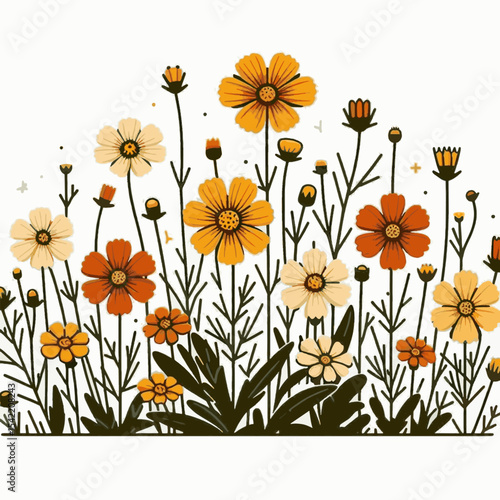 Graphic art of a flower bed with yellow orange  creamcolored blooms with dark green stems and leaves against a white backdrop