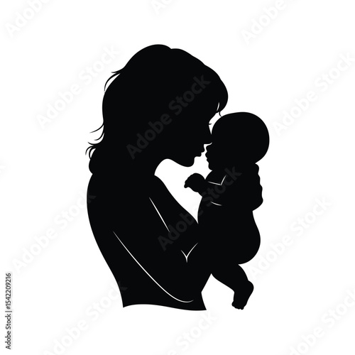 Silhouette of a Mother and Baby Tenderly Sharing a Moment Black and White Vector Illustration