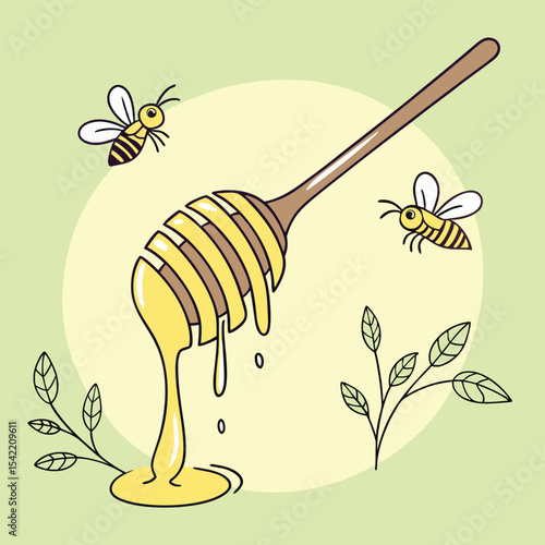 Honey farm emblem with bees and dipper vector