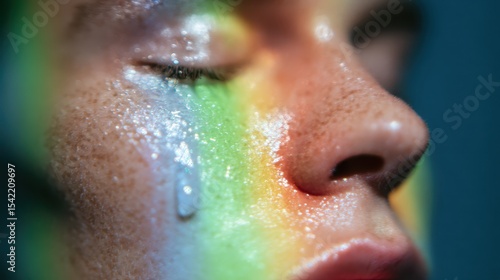 Close-Up Face with Colorful Lights and Water Drops on Skin