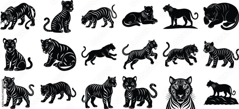 Naklejka premium Tiger Silhouette Vector Set, on white background.
