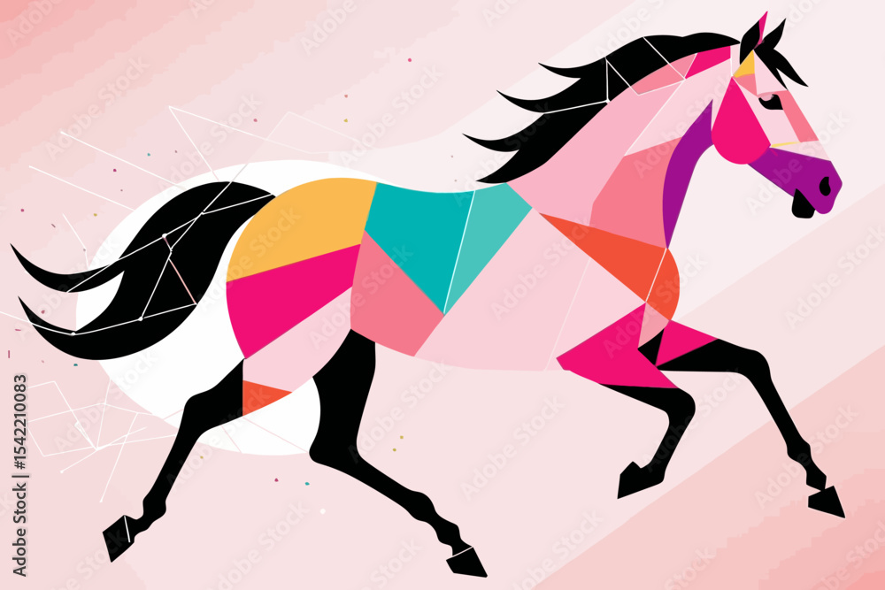 Obraz premium Abstract Geometric Horse Illustration-Colorful Polygon Art of a Running Stallion-Modern Horse Design-Pink Background Horse Artwork