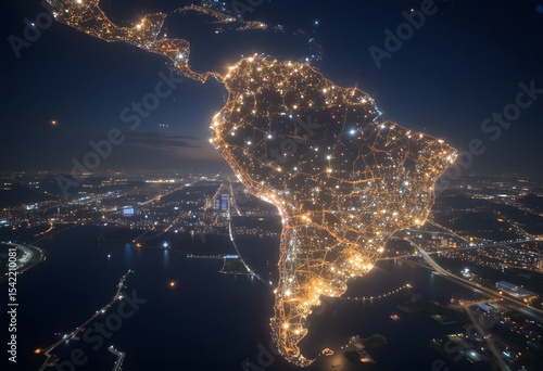 South America At Night. City Lights Glow, A Beautiful View From Space. Continent Shape Is Clear, Illuminating Urban Areas Below. This Shows Growth And Connection.