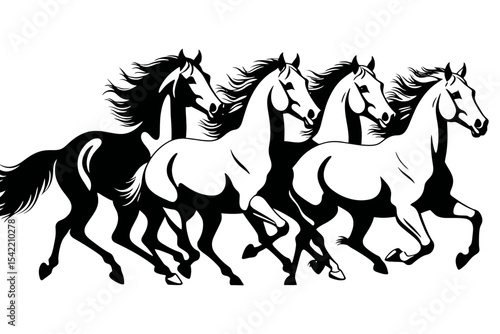 Black and White Horses Running Wild-Beautiful Horse Silhouette-Majestic Equine Art-Symbol of Freedom and Power-Horse Racing Illustration-Elegant Animal Graphics