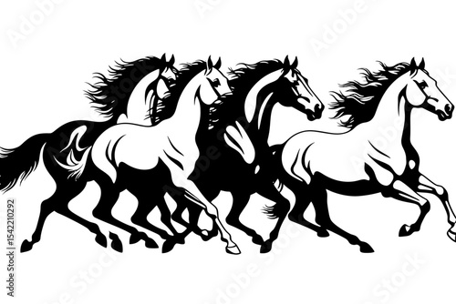 Black and White Horses Running Wild-Stallions in Motion-Equestrian Art-Graphic Horse Illustration-Dynamic Horse Herd-Powerful Horse Silhouette-Free Spirit Animals
