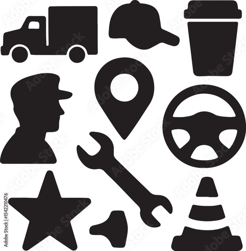 Logistics and transportation icon set in black silhouette style featuring truck, driver, fuel, steering wheel, tools, and map — ideal for delivery, fleet management, and transport-related designs.

