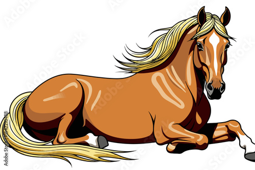 Cartoon Horse Illustration-Laying Brown Horse with Blonde Mane and Tail-Detailed Vector Image of a Horse Resting-Animal Art Illustration