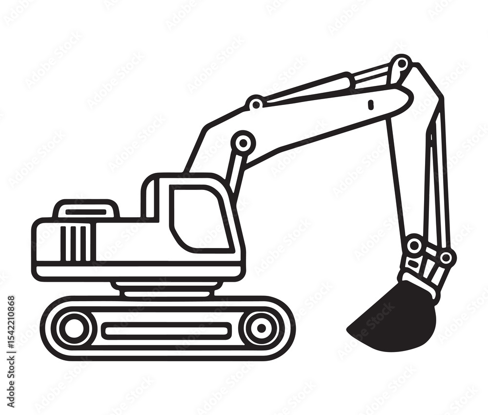 Naklejka premium Line art excavator and shovel. Minimalist excavator illustration construction clipart.