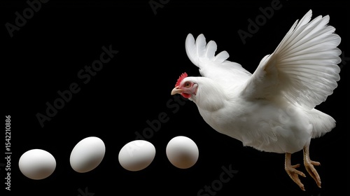 White chicken with eggs on black background