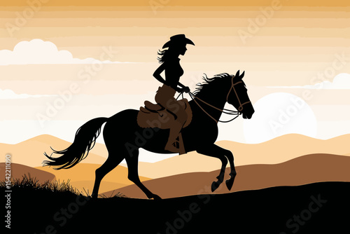 Cowgirl Silhouette Riding Horse at Sunset- Western Scene Illustration- Equestrian Lifestyle- Horseback Riding Adventure- Country Living Art
