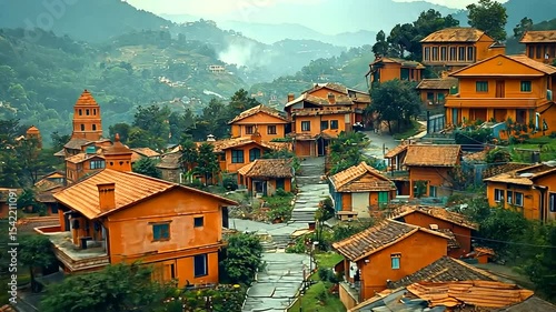 A scenic view of terracotta houses nestled in a lush green hillside, with misty mountains in the background