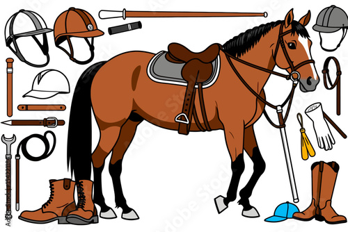 Equestrian Equipment Illustration-Horse Riding Gear-Saddle-Boots-Helmets and More-Perfect for Horse Lovers-Graphic Design Elements-Animal Illustration-Horseback Riding Apparel