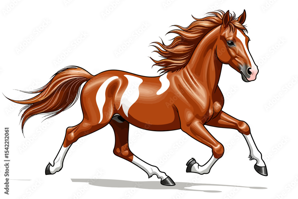 Obraz premium Galloping Chestnut Horse Illustration- Majestic Equine Art in Motion- Beautiful Horse with White Markings on Brown Coat- Animated Horse Image for Horse Lovers