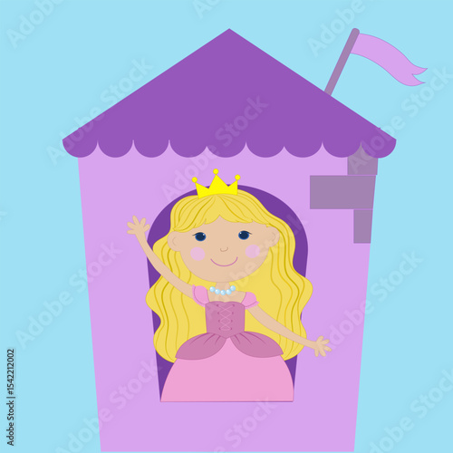 Girl princess in a fluffy dress, with a crown, smiling, sitting in a tower and waving her hand, children