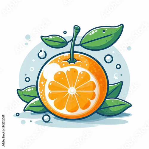 Halfcut orange with leaves and stem outlined in blue against a pale blue backdrop with bubbles