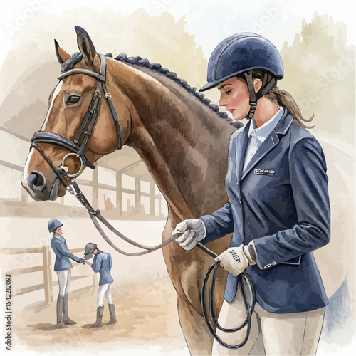  Rider Prepares Horse Before Show Jumping