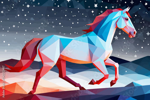 Geometric Unicorn Art-Abstract Horse Illustration Against Starry Night Sky-Modern Digital Artwork of a Mythical Creature-Unique Polygonal Design
