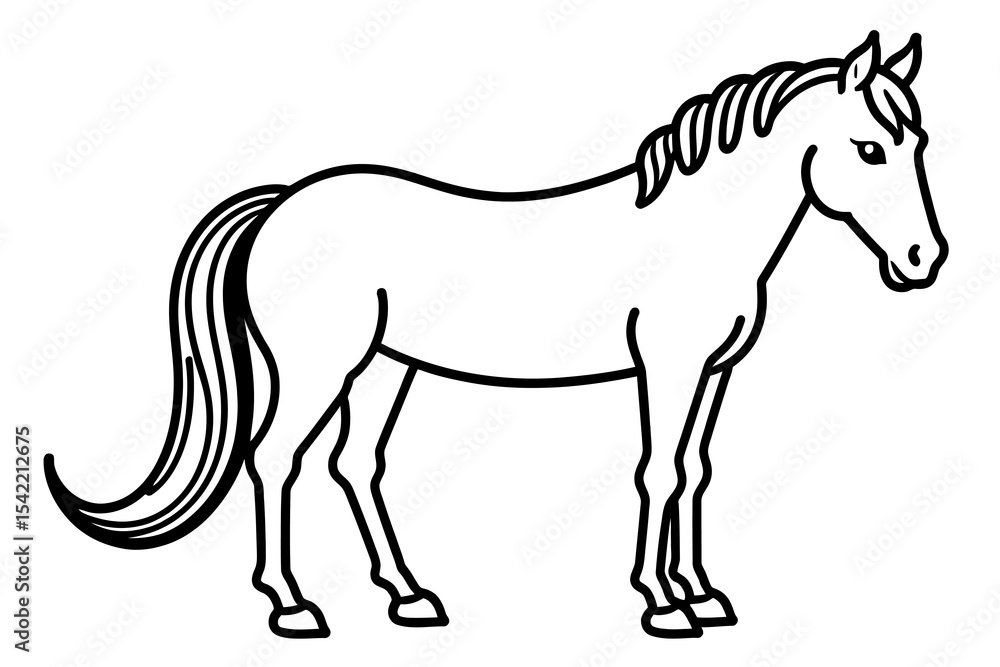 Horse Outline Drawing for Kids- Simple Horse Illustration with Mane & Tail- Easy Animal Line Art for Coloring Pages- Black and White Horse Image Horse Outline Drawing for Kids- Simple Horse Illustration with Mane & Tail- Easy Animal Line Art for Coloring Pages- Black and White Horse Image