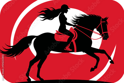 Horseback Riding Silhouette Art - Equestrian Illustration in Red and Black - Horse and Rider Design - Artistic Horseback Riding Scene