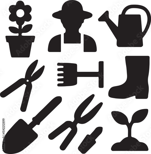 Gardening and farming icon set in black silhouette style including farmer, tools, watering can, flower pot, boots, and vegetables — perfect for agriculture, planting, and eco-friendly design projects.