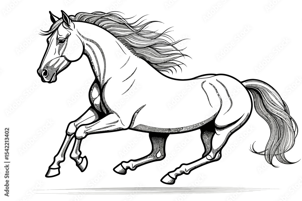 Obraz premium Majestic Running Horse Drawing- Black and White Illustration of a Galloping Horse- Equine Art Print for Horse Lovers- Detailed Horse Sketch Artwork