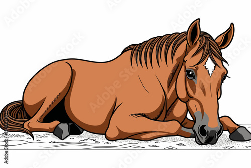 Resting Chestnut Horse Illustration - Peaceful Equine Art for Horse Lovers - Beautiful Cartoon Horse Image with Expressive Eyes and Detailed Mane