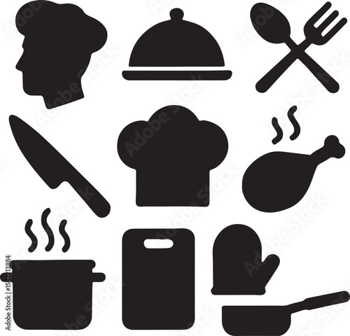 Cooking and kitchen utensil icon set. Containing chef hat, frying pan, pot, spatula, whisk, knife, cutting board, food cloche, and oven mitt symbols. Culinary tool silhouettes. Solid icon collection.