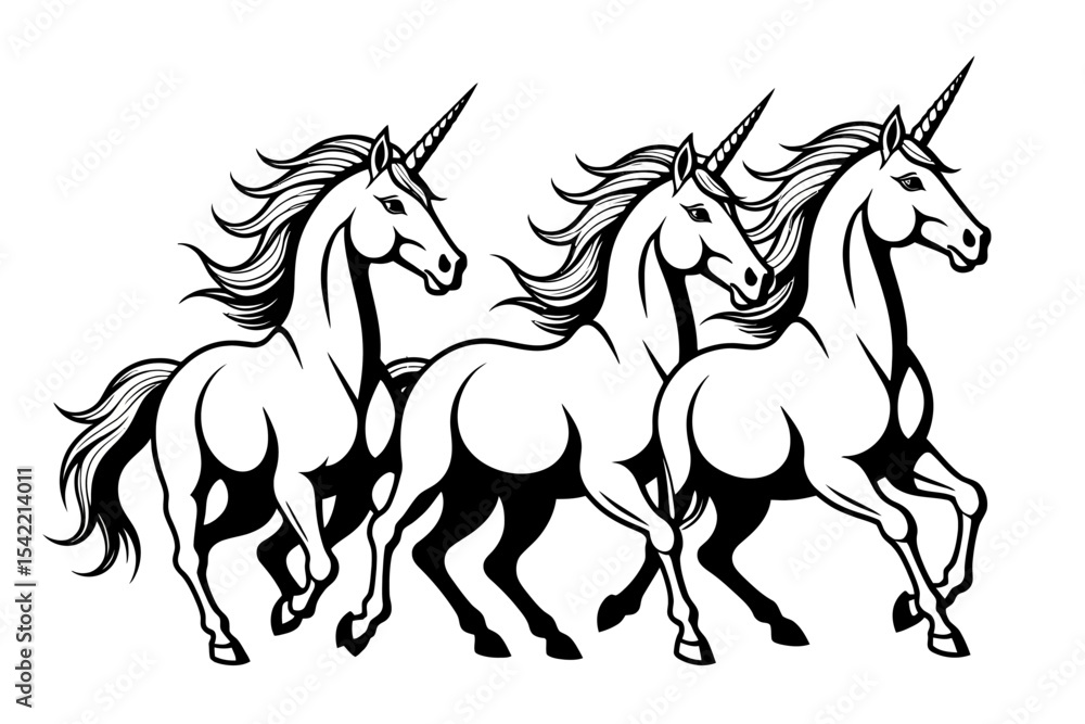 Three Black and White Unicorns-Magical Creature Illustration-Elegant Horses with Horns-Fantasy Art for Prints and Designs-Mythical Animal Graphics Three Black and White Unicorns-Magical Creature Illustration-Elegant Horses with Horns-Fantasy Art for Prints and Designs-Mythical Animal Graphics