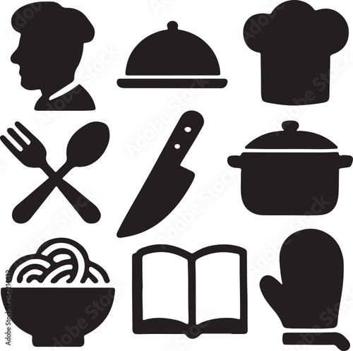 Cooking and kitchen utensil icon set. Containing chef hat, frying pan, pot, spatula, whisk, knife, cutting board, food cloche, and oven mitt symbols. Culinary tool silhouettes. Solid icon collection.