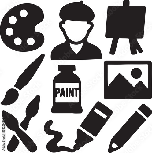 Art and painting icon set. Containing artist head silhouette, easel, paint palette with color blobs, and paintbrush symbols. Creative expression and fine arts silhouettes