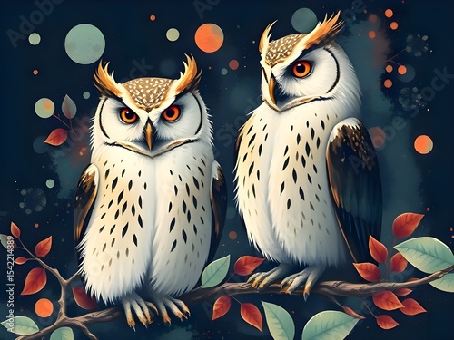 two owls on a branch design 
