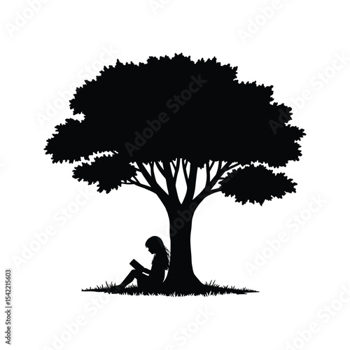 Silhouette of girl reading book under a tree nature reading bookworm relaxing outdoors summer peace tranquility education knowledge vector illustration