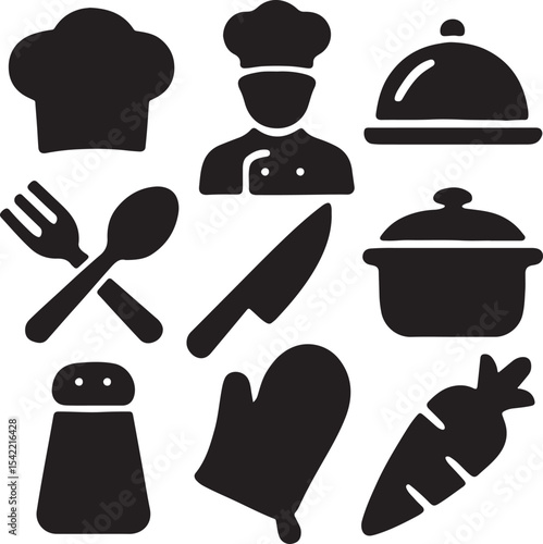 Cooking and kitchen utensil icon set. Containing chef hat, frying pan, pot, spatula, whisk, knife, cutting board, food cloche, and oven mitt symbols. Culinary tool silhouettes. 