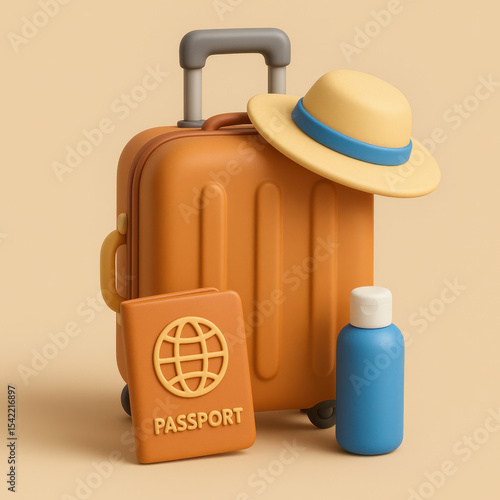 3D Icon of Travel Suitcase and Luggage Essentials