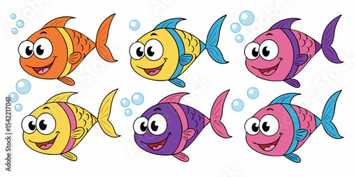 A cute vector set of funny cartoon fishes swimming in an ocean aquarium
