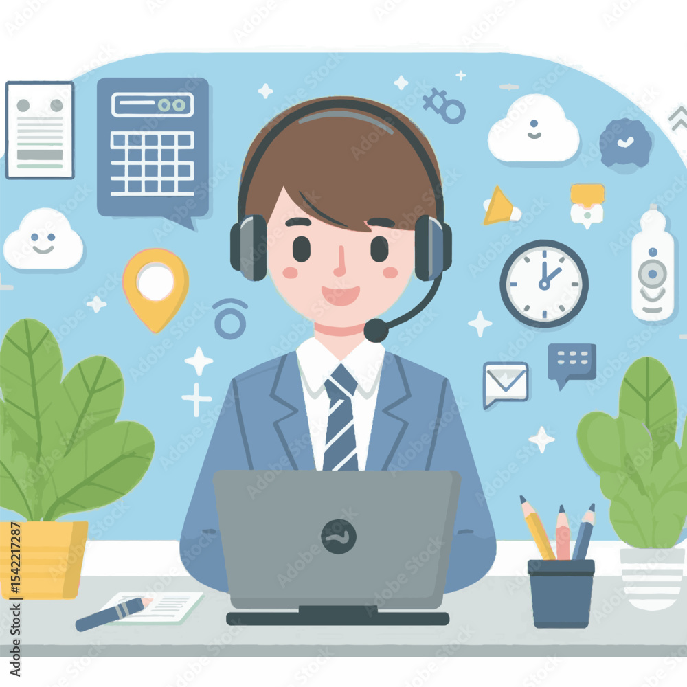 Illustration of a call center worker at a desk with icons floating above Illustration of a call center worker at a desk with icons floating above