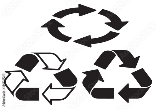 three black recycling & circular arrow icons for sustainability, eco conservation and environmental design vector modern